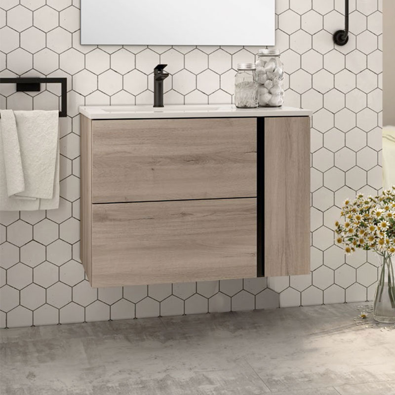 Ensemble Meuble vasque Black Onix 80cm Iron Oak suspendu 80 x 59cm, Melaminé, pour intérieur et extérieur