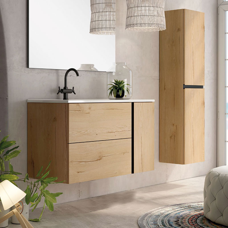 Ensemble Meuble vasque Black Onix 100cm Roble Collet suspendu 100 x 59cm, Melaminé, pour intérieur et extérieur