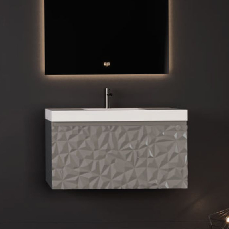 Ensemble meuble DIAMONDS 60cm Gris + vasque solid surface ICE 60x45x45cm, Melaminé, pour
