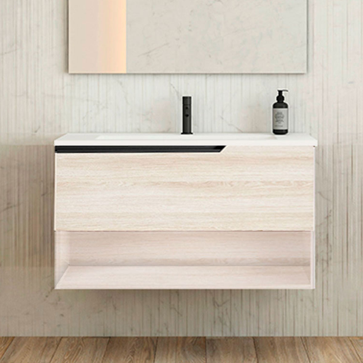 Ensemble meuble ELEVEN + vasque céramique FLAT - 100cm Aliso 100x55x45cm, Melaminé, pour