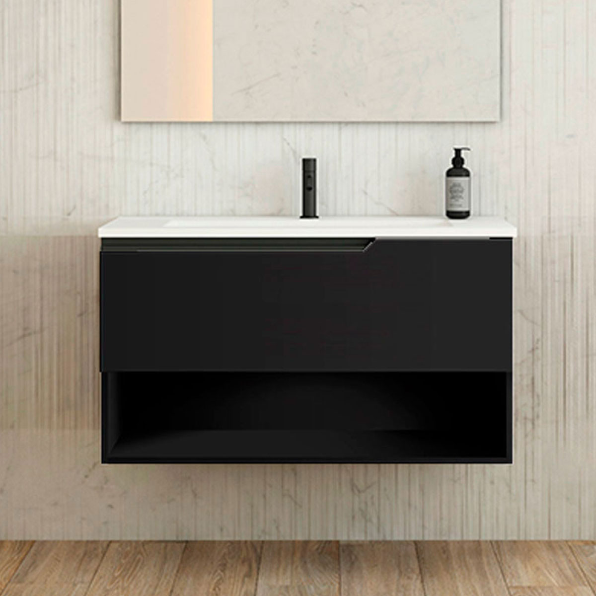 Ensemble meuble ELEVEN + vasque céramique FLAT - 100cm Noir 100x55x45cm, Melaminé, pour
