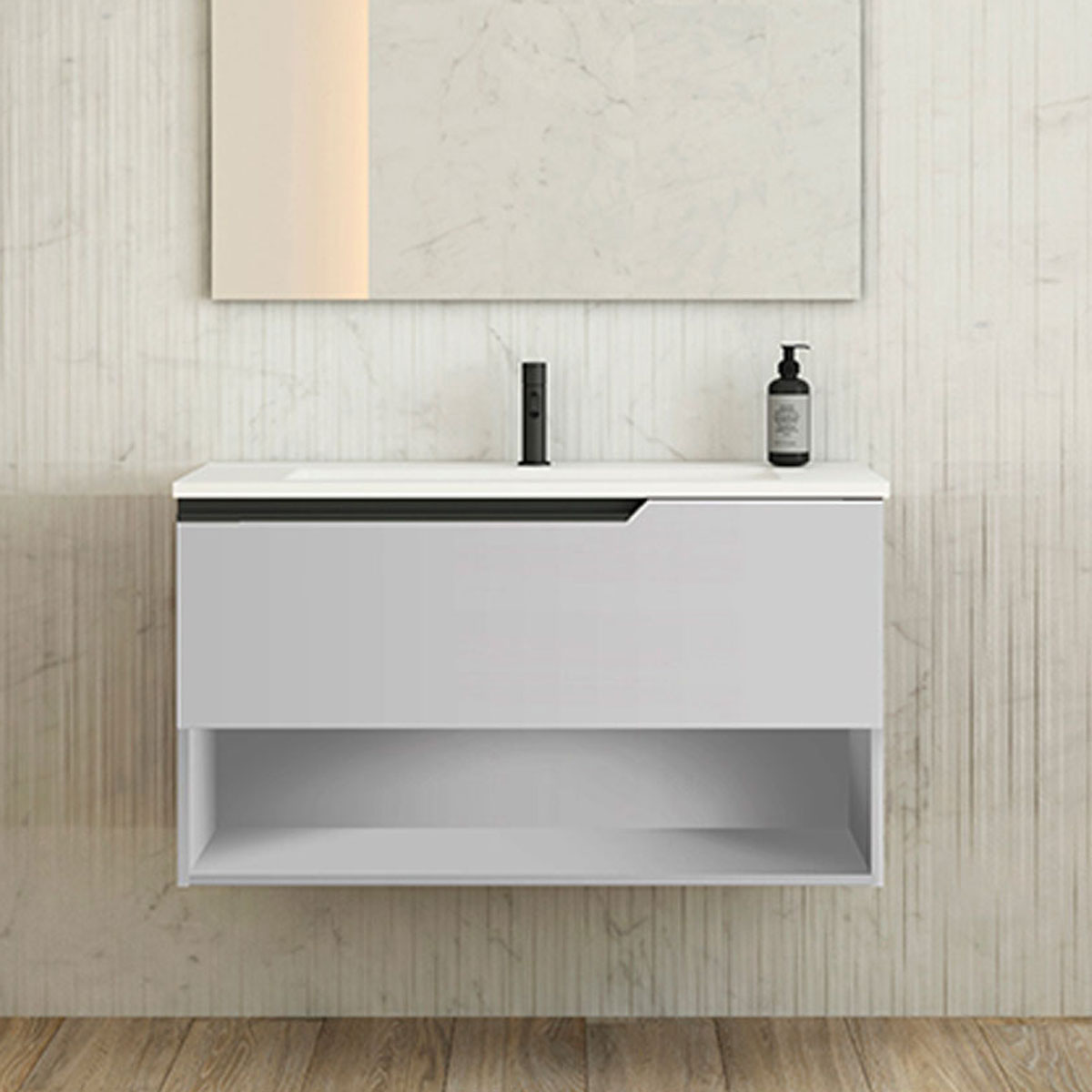 Ensemble meuble ELEVEN + vasque céramique FLAT - 100cm Griggio 100x55x45cm, Melaminé, pour