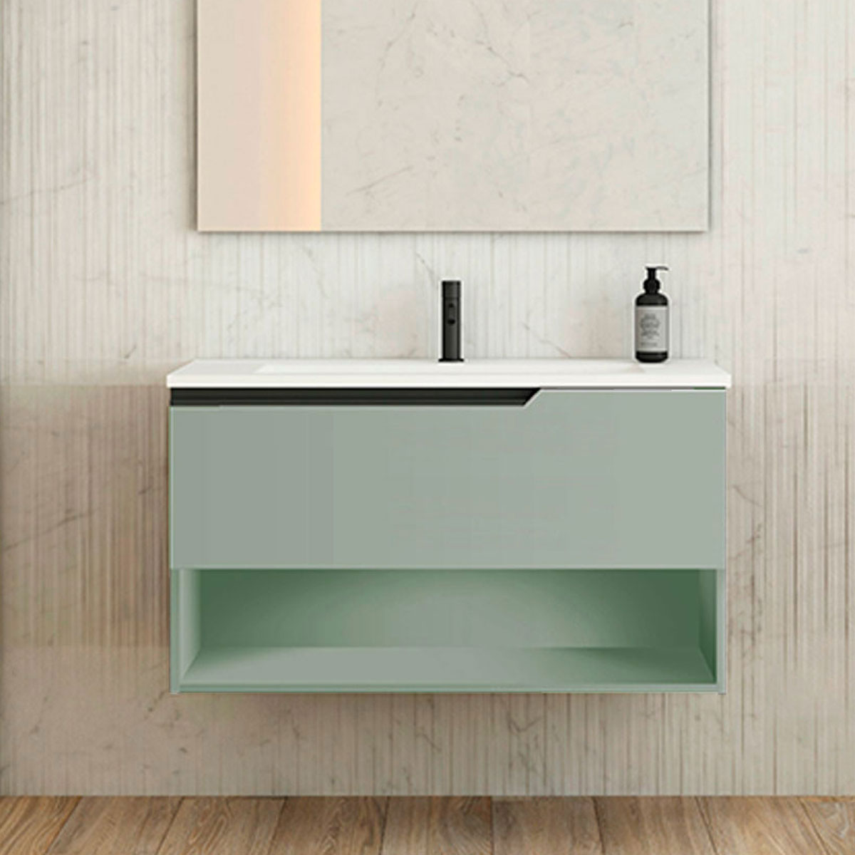Ensemble meuble ELEVEN + vasque céramique FLAT - 100cm Musgo 100x55x45cm, Melaminé, pour