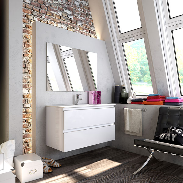 Ensemble Meuble de salle de bains Inglet 100cm laqué blanc brillant 100 x 61cm, Melaminé, pour intérieur et extérieur