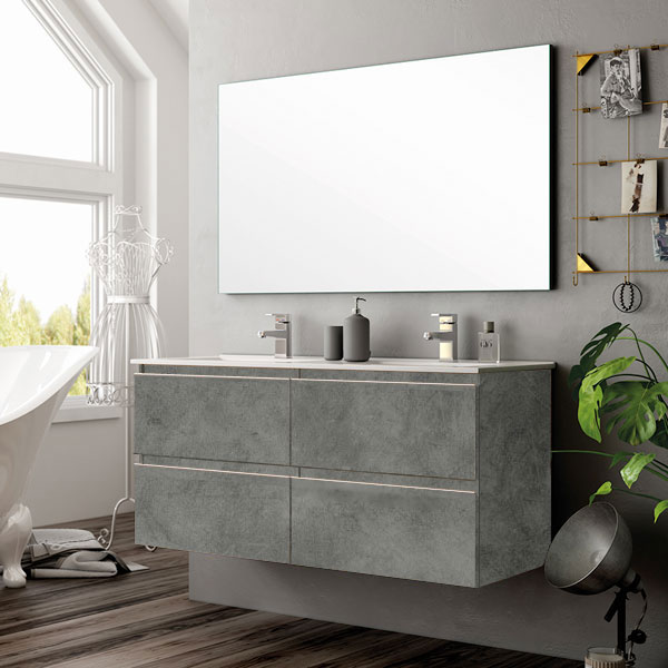 Ensemble Meuble de salle de bains Inglet 140cm double vasque Cemento 140 x 61cm, Melaminé, pour intérieur et extérieur