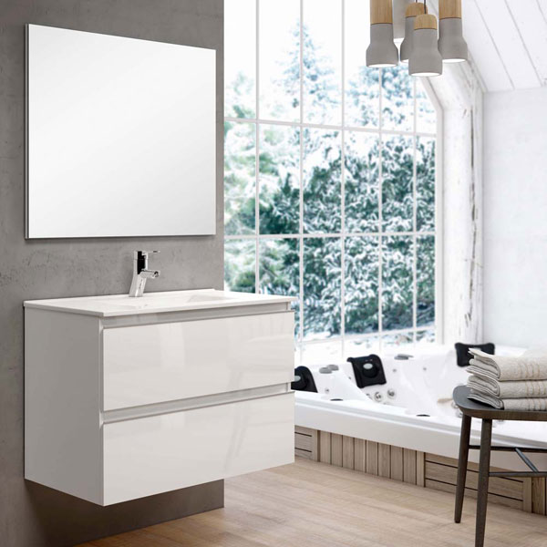 Ensemble Meuble de salle de bains Inglet 80cm laqué blanc brillant 80 x 61cm, Melaminé, pour intérieur et extérieur