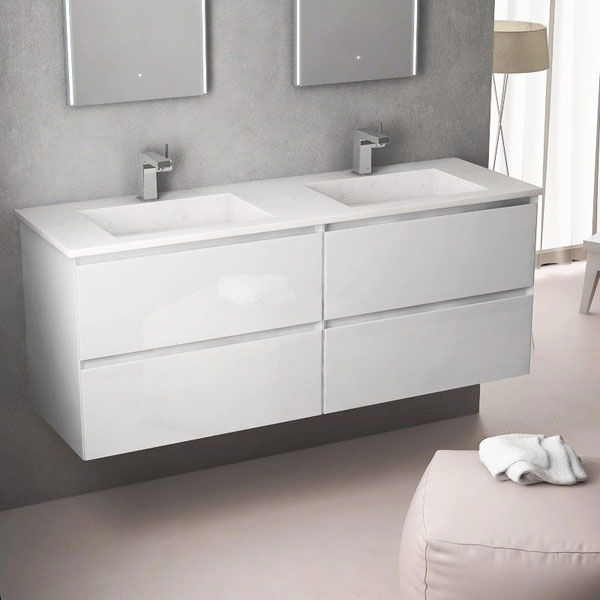 Ensemble Meuble de salle de bains Inglet 140cm laqué blanc brillant 140 x 61cm, Melaminé, pour intérieur et extérieur