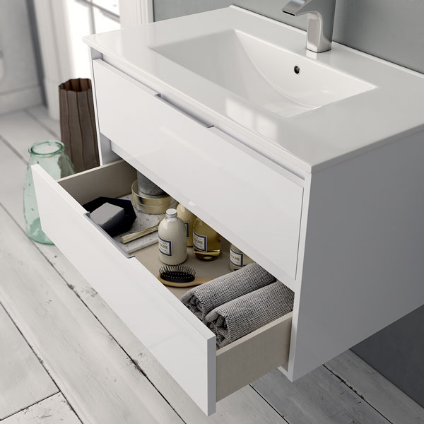 Ensemble meuble de salle de bains Siri 100 cm 2 tiroirs laqué blanc brillant 100 x 46.5cm, Melaminé, pour intérieur et extérieur