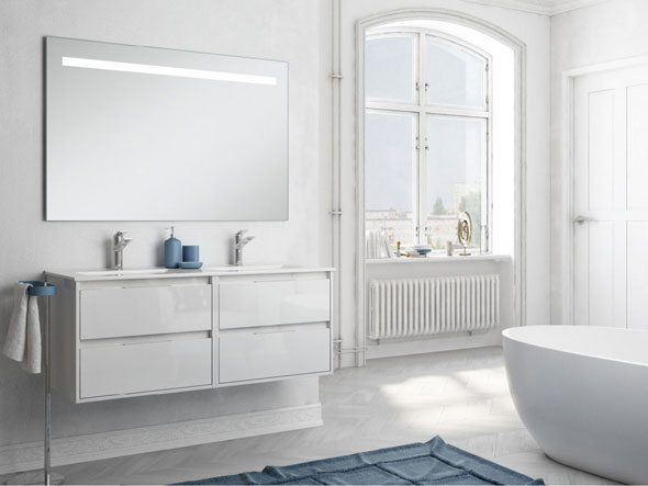 Ensemble meuble de salle de bains Siri 120 cm 4 tiroirs laqué blanc brillant 120 x 46.5cm, Melaminé, pour intérieur et extérieur