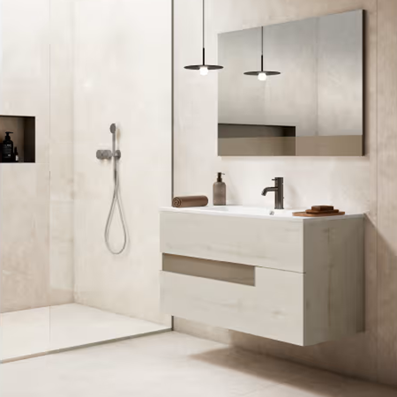 Ensemble meuble VISION + vasque céramique FLAT - 80cm Abedul/Tortora 80x55x45cm, Melaminé, pour