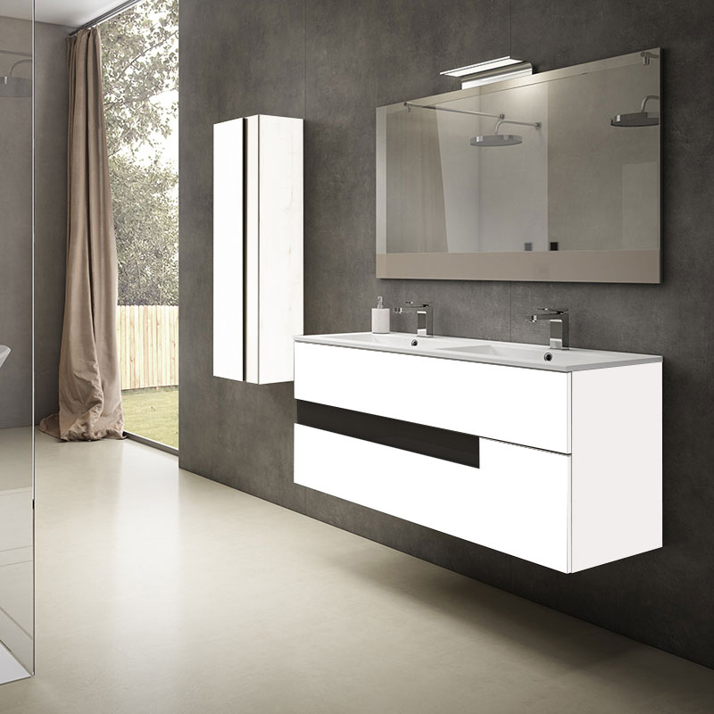 Ensemble meuble VISION + double vasque céramique FLAT - 120cm Nieves/Noir 120x55x45cm, Melaminé, pour