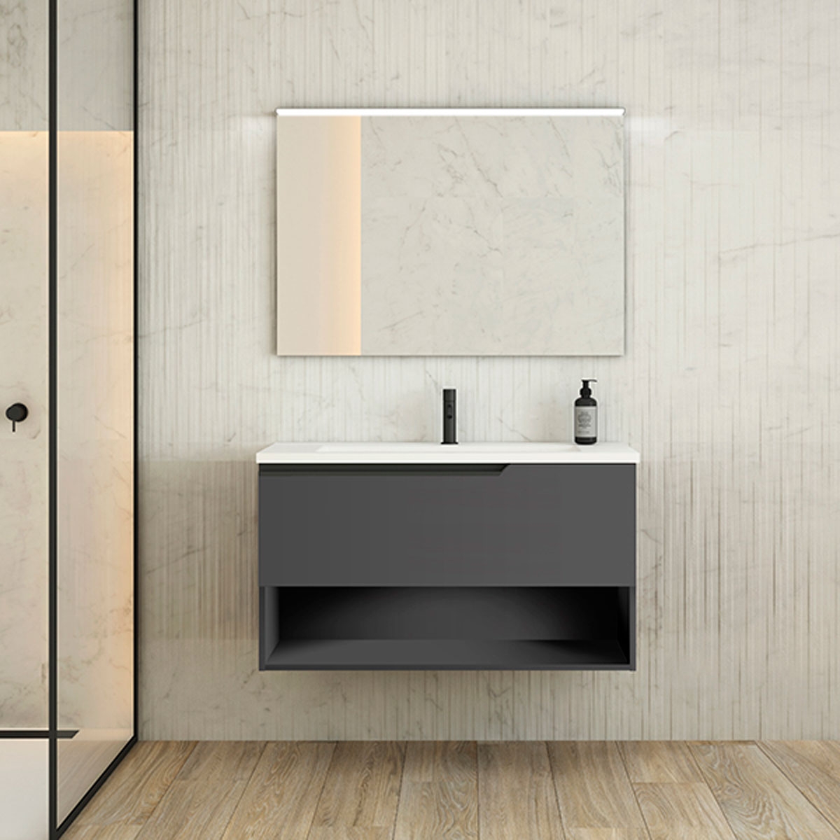 Ensemble meuble ELEVEN + vasque céramique FLAT - 100cm Ceniza 100x55x45cm, Melaminé, pour