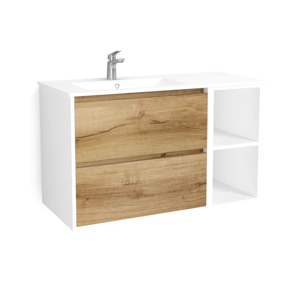 Ensemble Meuble Birdie 100cm excentrée chêne doré/Blanc 100x46x60cm, Résine, pour intérieur et extérieur