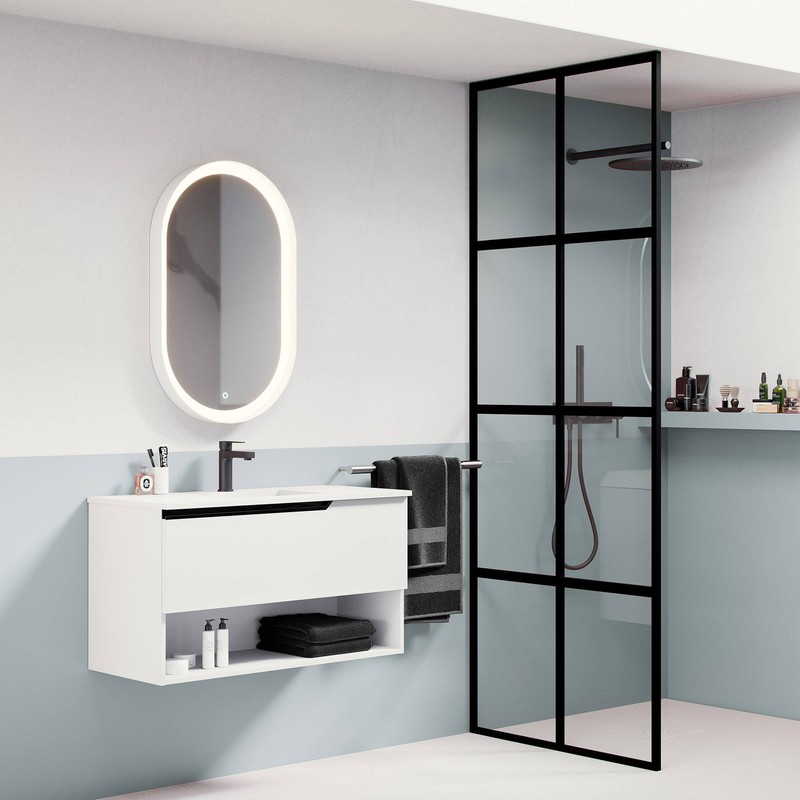 Ensemble meuble ELEVEN + vasque céramique FLAT - 100cm Blanc 100x55x45cm, Melaminé, pour