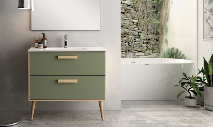Ensemble Meuble Nordic vasque encastrée 80cm Olive Chêne naturel 80 x 85cm, Melaminé, pour intérieur et extérieur