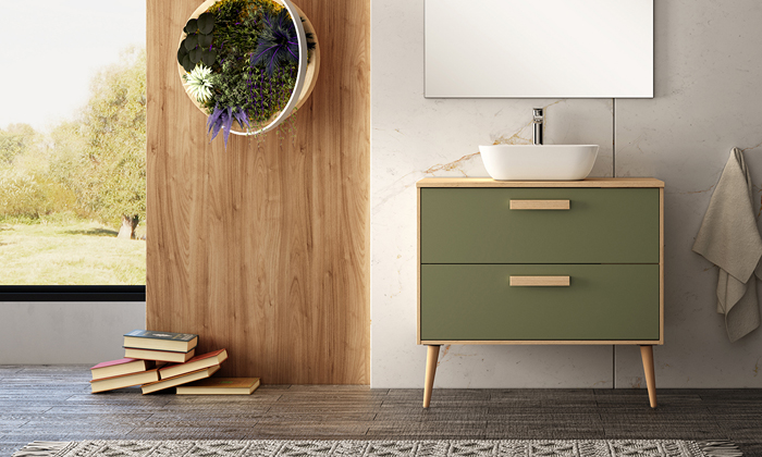 Ensemble Meuble Nordic 80cm Olive Chêne naturel vasque à poser 80 x 85cm, Melaminé, pour intérieur et extérieur