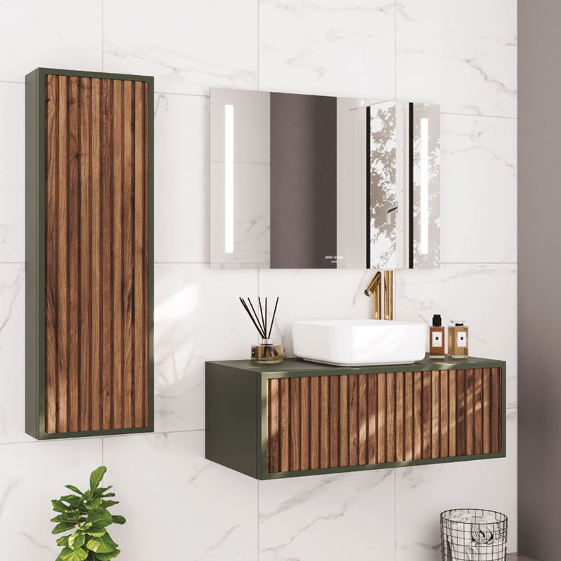 Ensemble meuble ORIENT 120cm Vert Olive-walnut + vasque céramique TUNDRA 120x35x45cm, Melaminé, pour