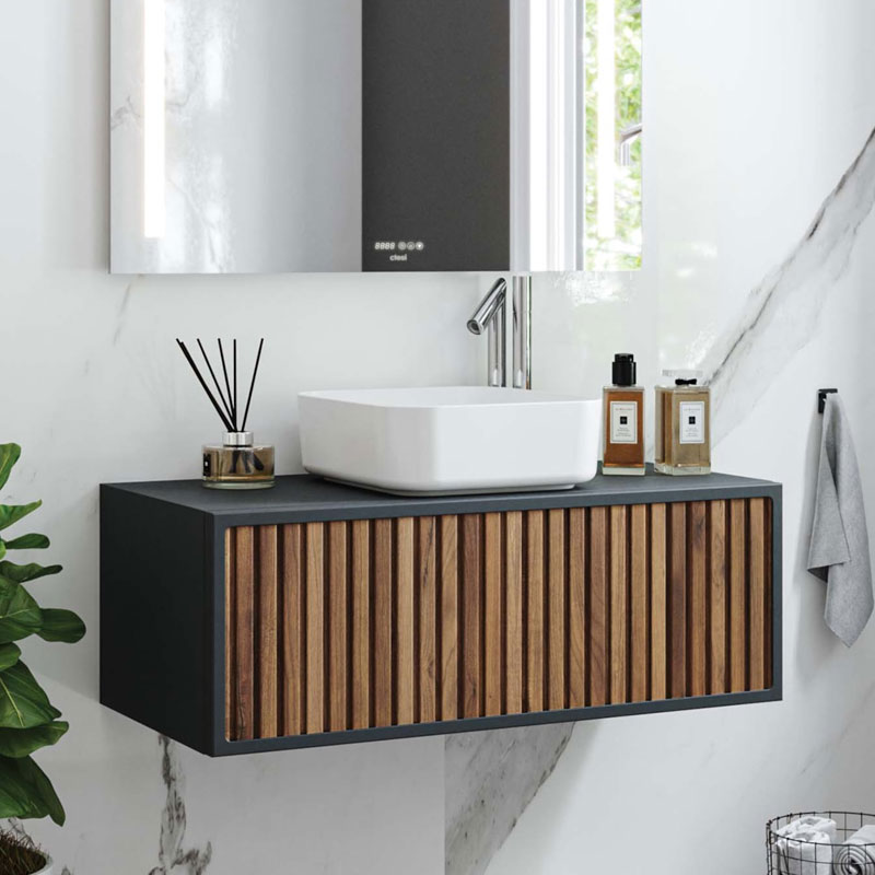 Ensemble meuble ORIENT 60cm Noir-walnut + vasque céramique NEVADA 60x35x45cm, Melaminé, pour