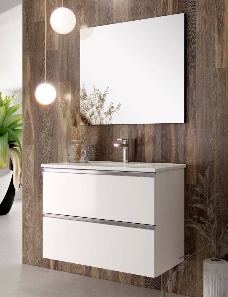 Ensemble Meuble de salle de bains Orika 60cm 2 tiroirs Blanc laqué brillant 59.5 x 59cm, Melaminé, pour intérieur et extérieur