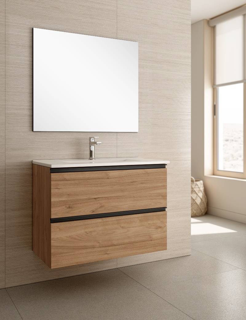 Ensemble Meuble de salle de bains Black Orika 60cm 2 tiroirs Nogal 59.5 x 59cm, Melaminé, pour intérieur et extérieur