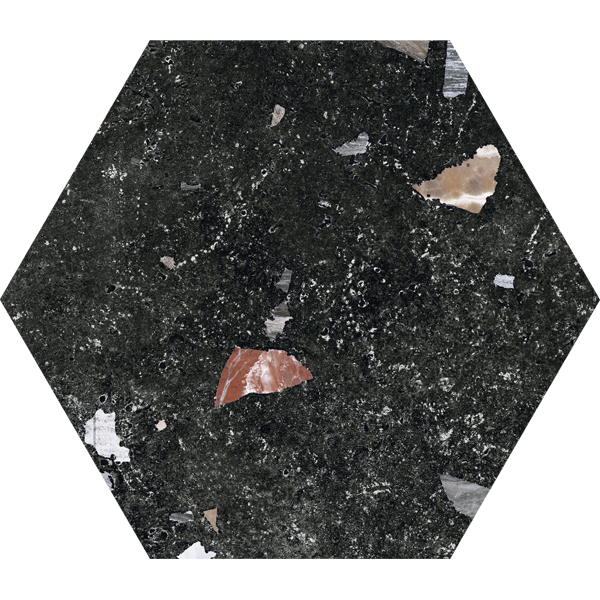 carrelage hexagonal terrazzo Sonar dark 25 x 22cm, Grès cérame, pour intérieur et extérieur