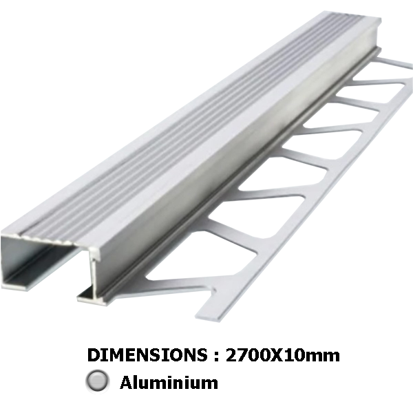 10mm Alu - 2.5m Profilé Nez de marche striée 2500x10mm, Aluminium, pour intérieur et extérieur