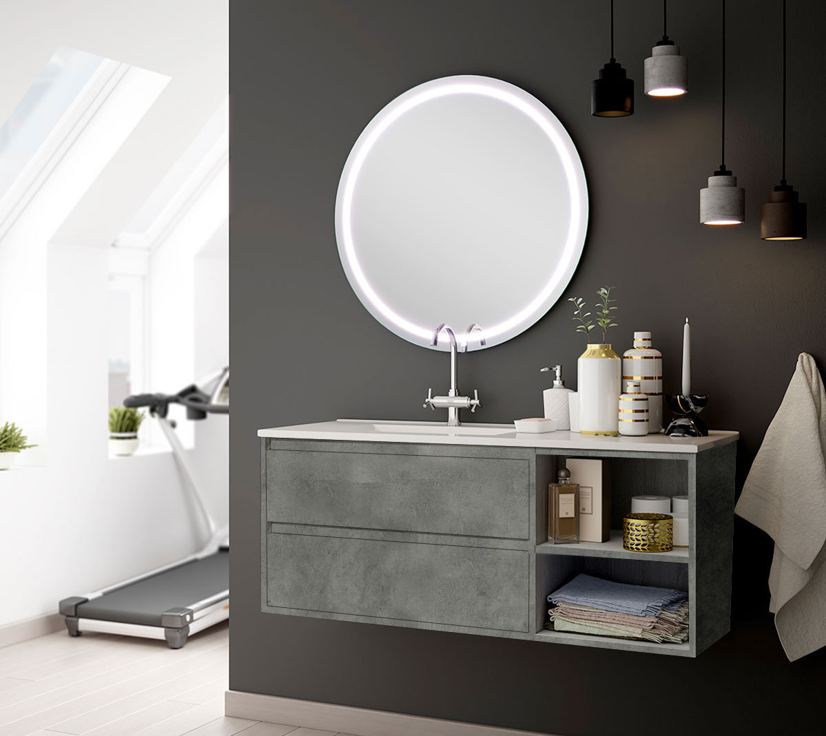 Ensemble Meuble de salle de bains Venus 120cm 2 tiroirs Cemento 120 x 46.5 cm, Melaminé, pour intérieur et extérieur