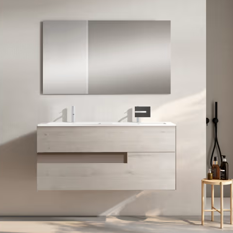 Ensemble meuble VISION + double vasque céramique FLAT - 120cm Abedul/Tortora 120x55x45cm, Melaminé, pour