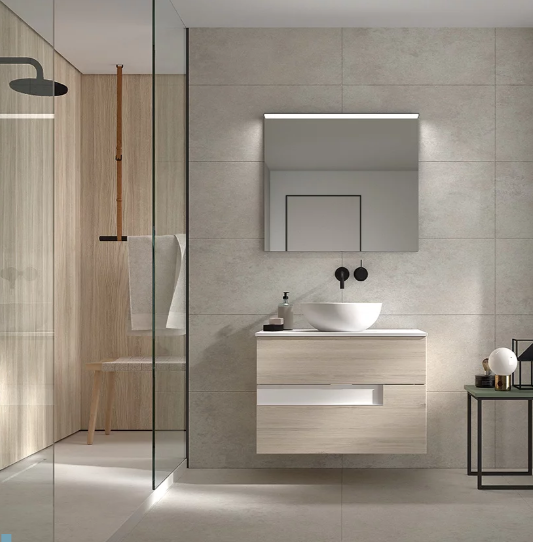 Ensemble meuble VISION + vasque céramique FLAT - 80cm Aliso/Blanc 80x55x45cm, Melaminé, pour