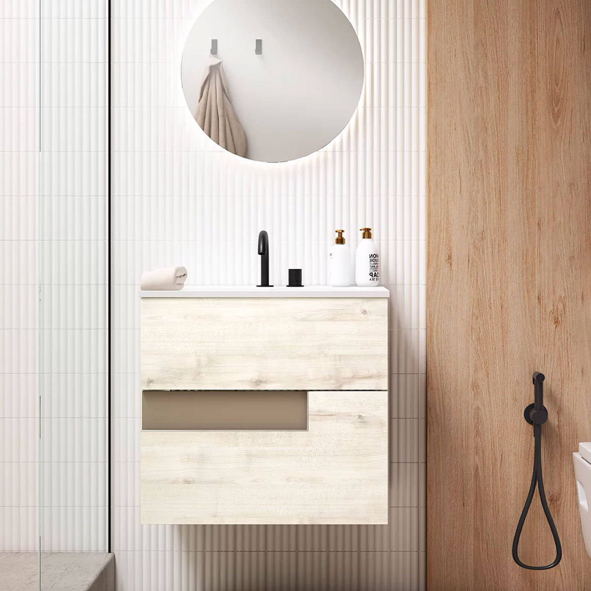 Ensemble meuble VISION + vasque céramique FLAT - 60cm Abedul/Tortora 60x55x45cm, Melaminé, pour